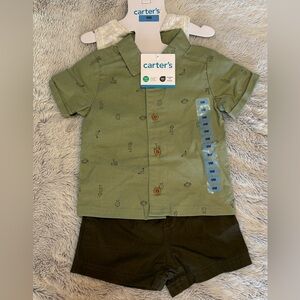 Carter's 3 pc set, Olive short sleeve shirt, Shorts & grey bodysuit, size 9 mos